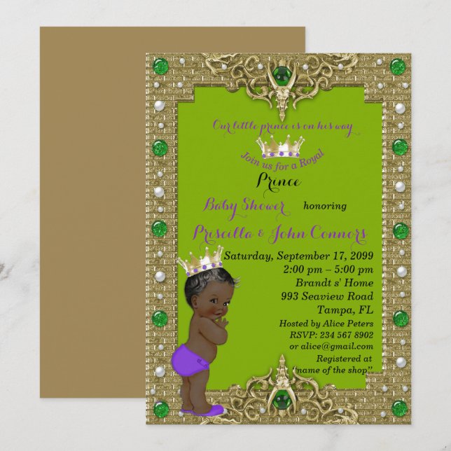 Little Prince Baby Shower Invitation, gold, green Invitation (Front/Back)