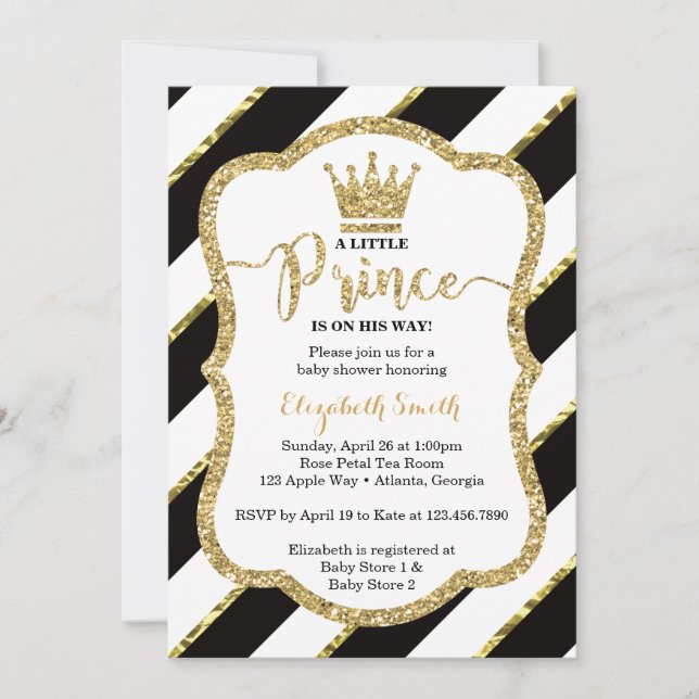 Little Prince Baby Shower Invite, Faux Glitter Invitation (Front)