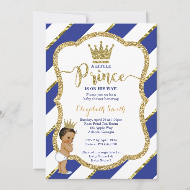 Little Prince Baby Shower Invite, Faux Glitter Invitation (Front)