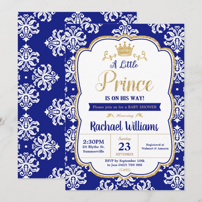 Little Prince Baby Shower Royal Blue Damask Boy Invitation (Front/Back)