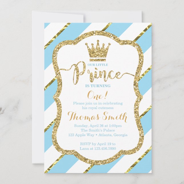 Little Prince Birthday Invitation in Blue & Gold (Front)