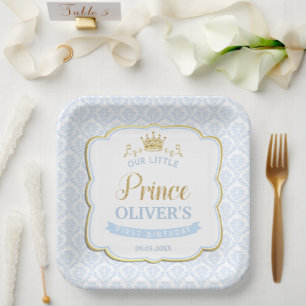 Little Prince Blue Damask Gold Crown 1st Birthday Paper Plate