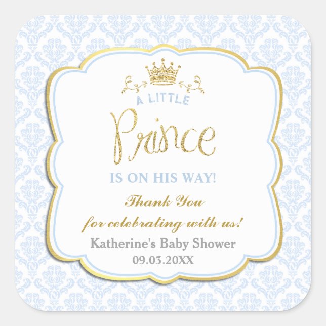 Little Prince Blue Damask Gold Crown Baby Shower Square Sticker (Front)
