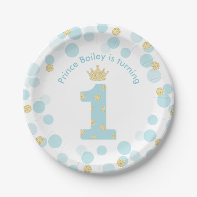 Little Prince Blue Gold 1st Birthday Party Paper Plate (Front)