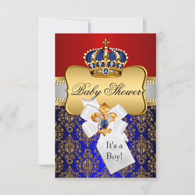 Little Prince Blue Red Crown Baby Shower Invite (Front)