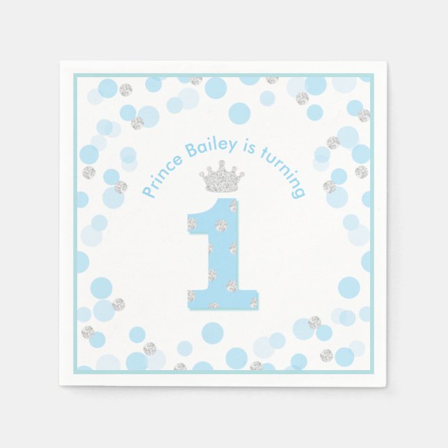Little Prince Blue Silver 1st Birthday Party Napkin (Front)