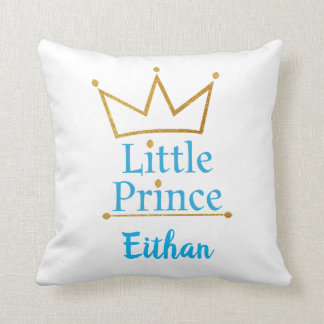 Little Prince Blue text and Gold Crown Throw Pillow