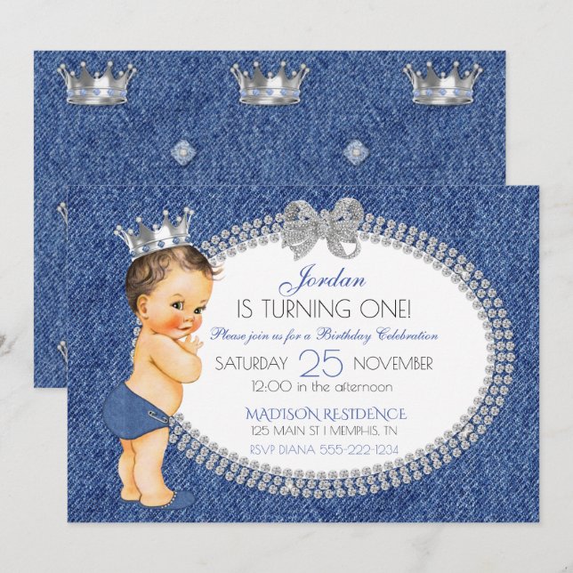 Little Prince Denim & Diamonds Crown Diaper Invitation (Front/Back)