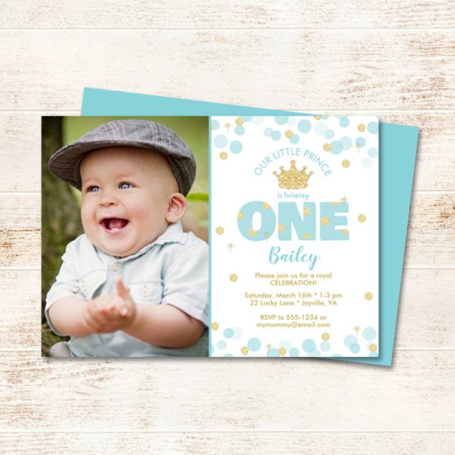 Little Prince First Birthday Blue Gold Photo Invitation (Creator Uploaded)
