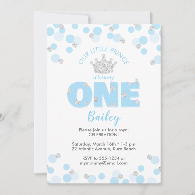 Little Prince First Birthday Light Blue Silver Invitation (Front)