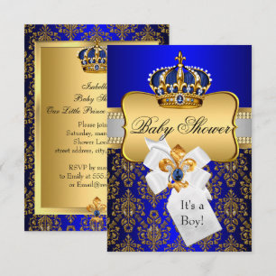 Little Prince Gold Blue Crown Baby Shower Invite