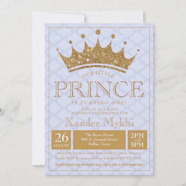 Little Prince Gold Crown Boy Birthday Invitation (Front)