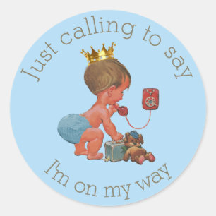 Little Prince on Phone Blue Grey Baby Shower Classic Round Sticker