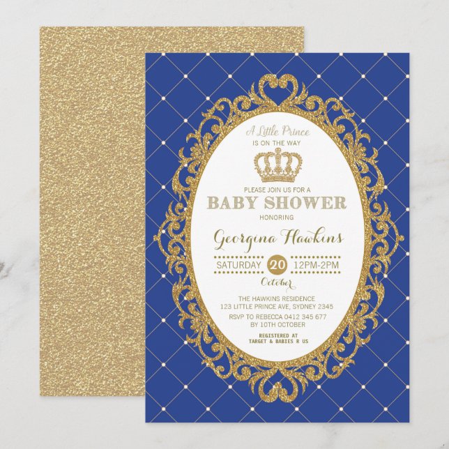 Little Prince Royal Blue Gold Baby Shower Invite (Front/Back)
