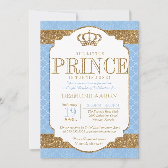 Little Prince Royal Light Blue Gold Birthday Invitation (Front)