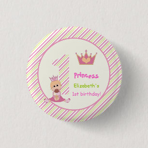 Little princess and crown girls 1st birthday pink 1 inch round button