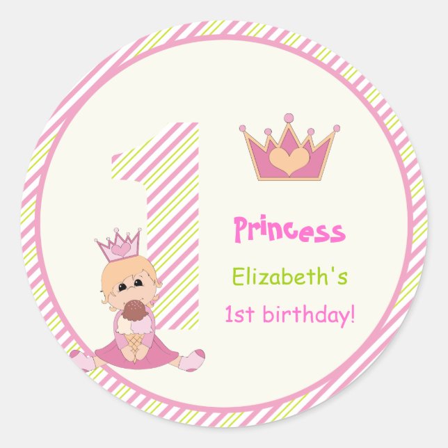 Little princess and crown girls 1st birthday pink classic round sticker (Front)
