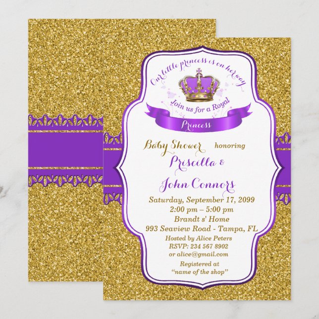 Little Princess Baby Shower Invitation,gold,purple Invitation (Front/Back)