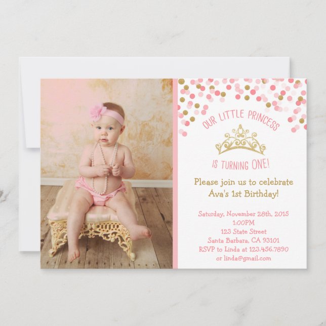 Little Princess Birthday Invitation- Pink and Gold Invitation (Front)