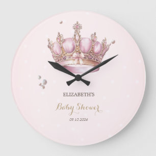 Little Princess Crown Pearls Dots Baby Shower Large Clock