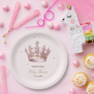 Little Princess Crown Pearls Dots Baby Shower Paper Plate