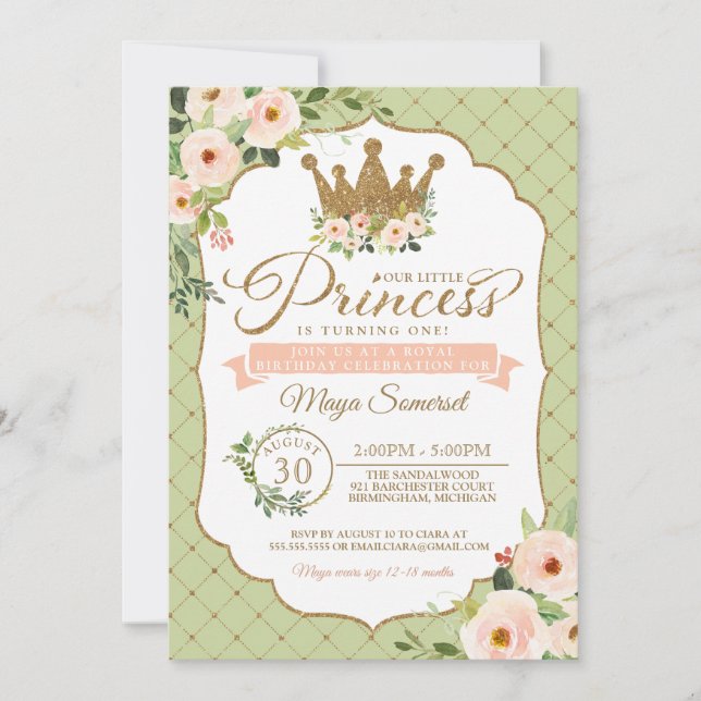 Little Princess Floral Blush & Mint Royal Birthday Invitation (Front)