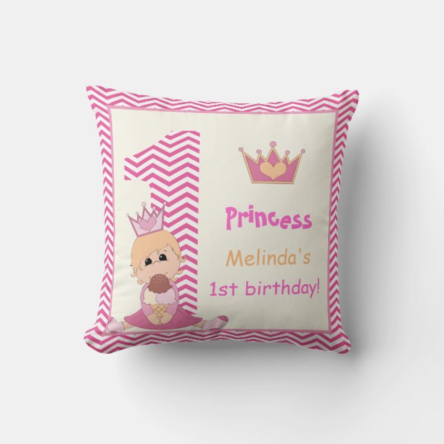 Little princess, girls 1st birthday pink chevron throw pillow (Front)