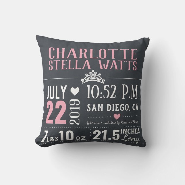 Little Princess New Baby Girl Birth Stats Throw Pillow (Front)