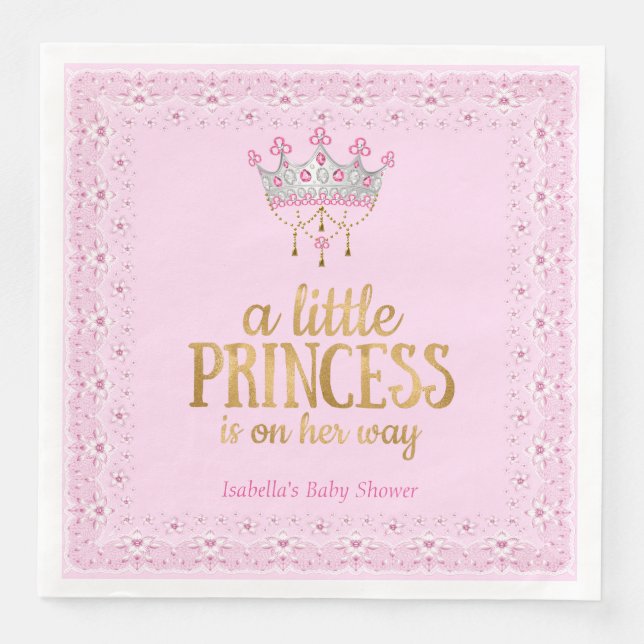 Little Princess on her way Pink Gold Tiara Party Napkin (Front)