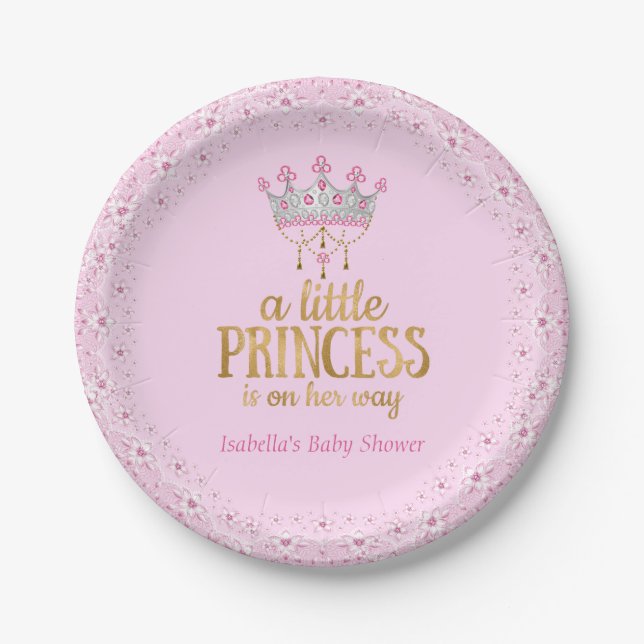 Little Princess on her way Pink Gold Tiara Party Paper Plate (Front)