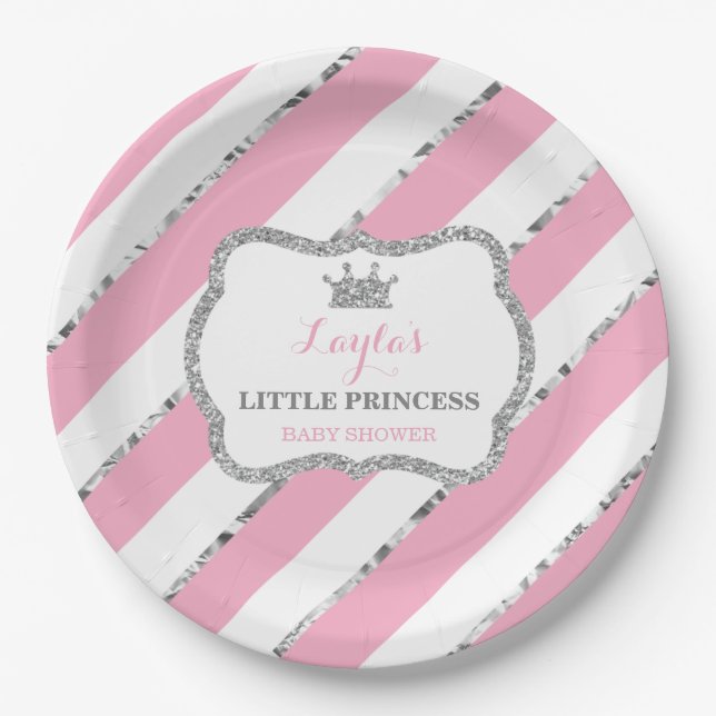 Little Princess Paper Plate, Pink, Silver Glitter Paper Plate (Front)