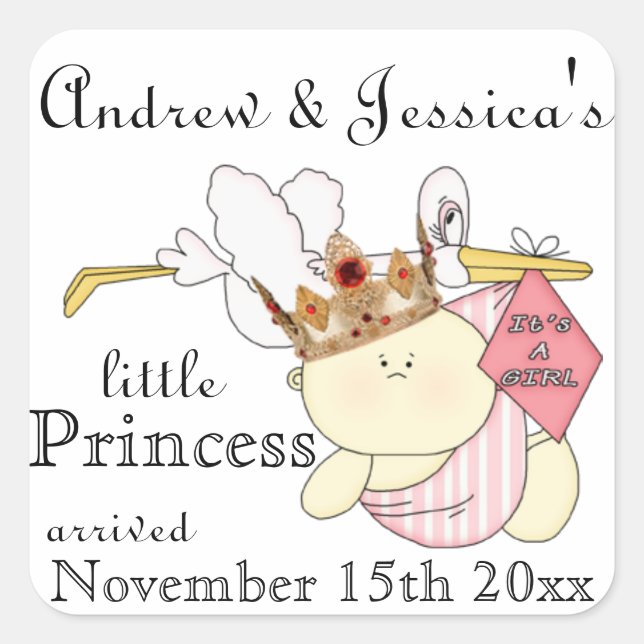 Little Princess-Stork/Baby-Customize Names/Dates Square Sticker (Front)