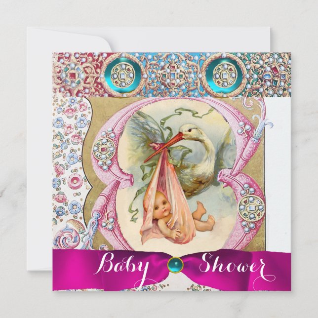 LITTLE PRINCESS STORK BABY SHOWER,FLORAL GEMSTONES INVITATION (Front)