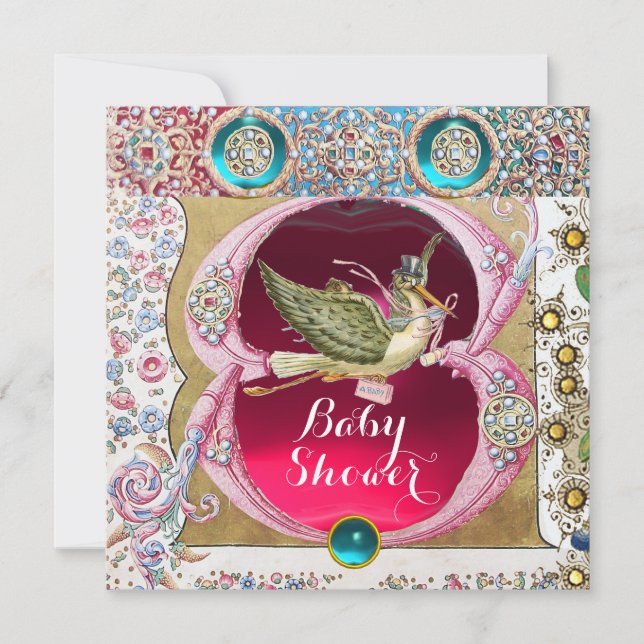 LITTLE PRINCESS STORK BABY SHOWER,FLORAL GEMSTONES INVITATION (Front)