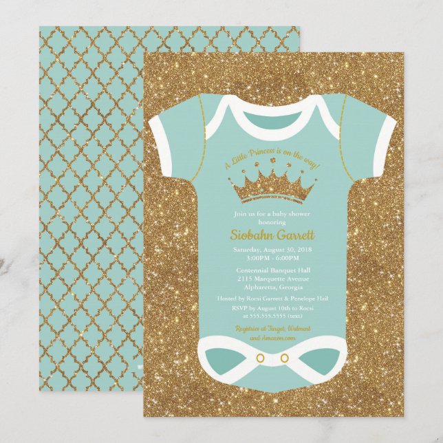 Little Princess Turquoise Glitter Gold Baby Shower Invitation (Front/Back)