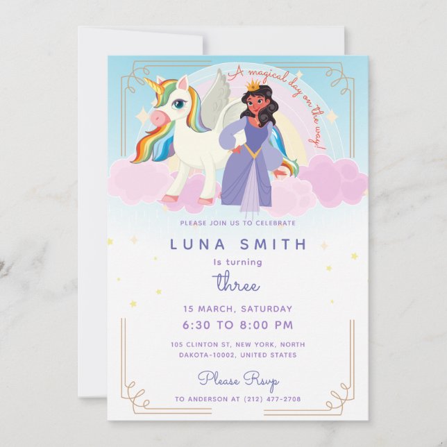 Little Princess Unicorn Colourful Rainbow Birthday Invitation (Front)