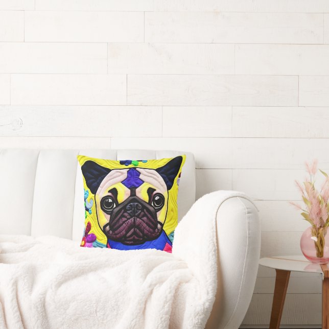 Little Pug Puppy Quilt Like Design Throw Pillow (Couch)