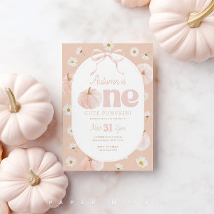 Little Pumpkin 1st Birthday Daisies Peach Bow Invitation
