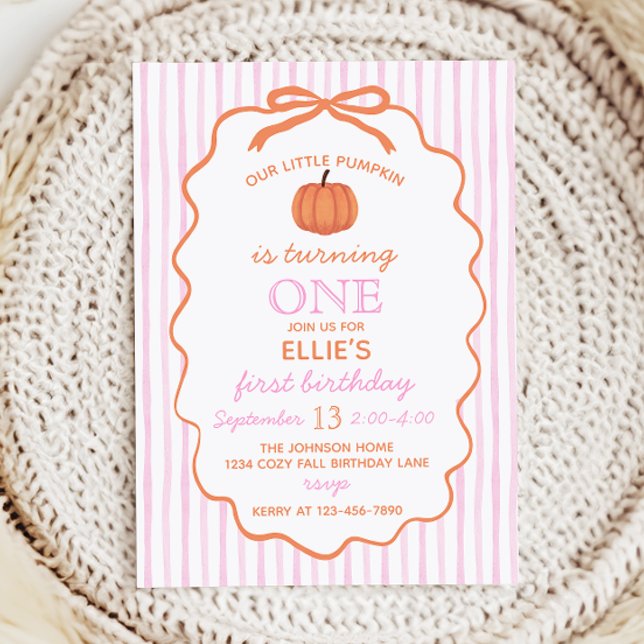 Little Pumpkin 1st Birthday Invitation (Invitation with pink and white stripes, orange bow, and pumpkin illustrations)