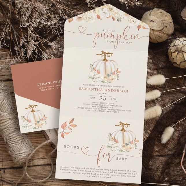 Little Pumpkin Autumn Books for Baby All In One Invitation (All in one invite featuring a charming design that includes pumpkins and a books for baby included.)