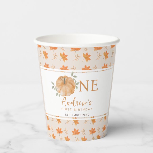 Little Pumpkin Autumn Fall Pattern 1st Birthday Paper Cups (Back)
