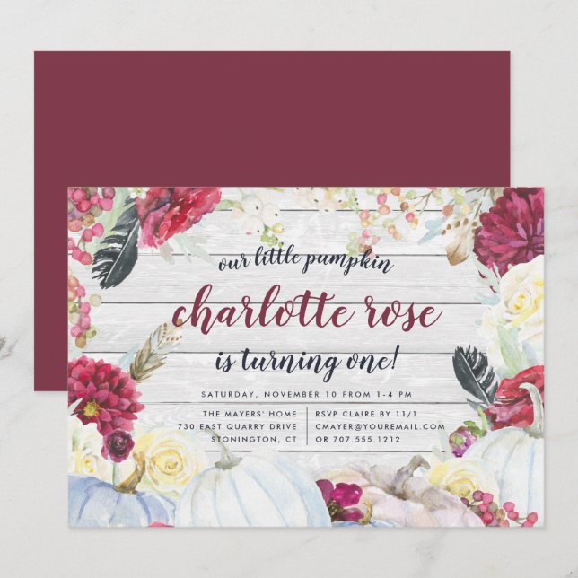Little Pumpkin | Autumn Floral Birthday Party Invitation (Front/Back)