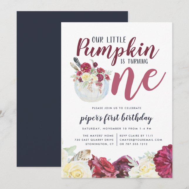 Little Pumpkin Autumn Floral First Birthday Party Invitation (Front/Back)