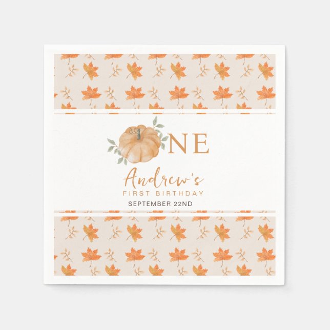 Little Pumpkin Autumn Leaf Fall  1st Birthday Napkin (Front)