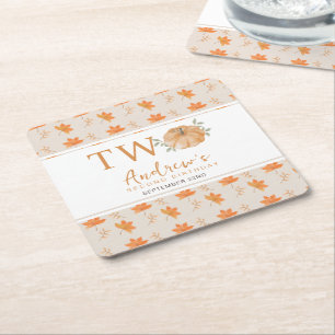 Little Pumpkin Autumn Pattern 2nd Birthday Square Paper Coaster