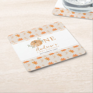 Little Pumpkin Autumn Pattern First 1st Birthday Square Paper Coaster