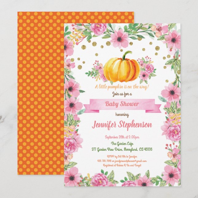 Little pumpkin baby girl shower invitation floral (Front/Back)