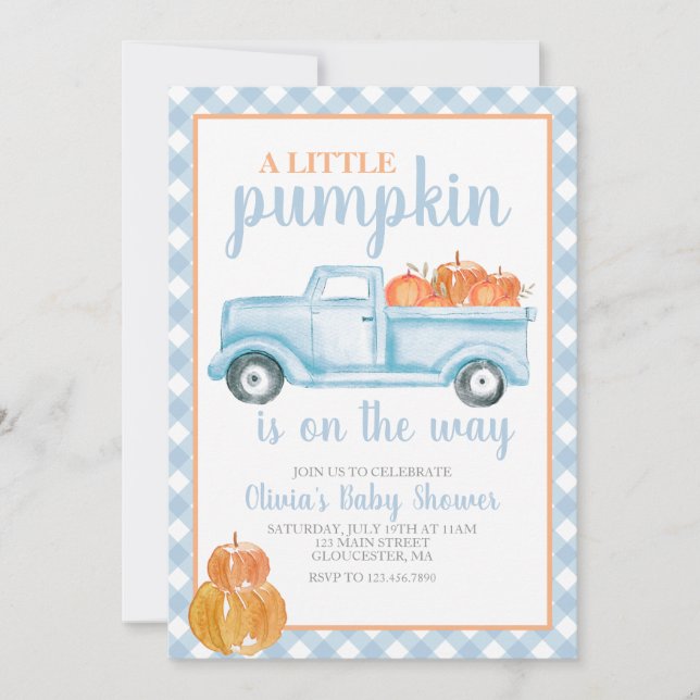 Little Pumpkin Baby Shower Blue truck Fall Invitation (Front)