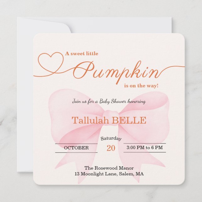 Little Pumpkin Baby Shower Invitation – Pink Bow (Front)
