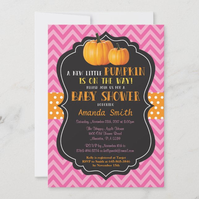 Little Pumpkin Baby Shower Invitation Pink Chevron (Front)